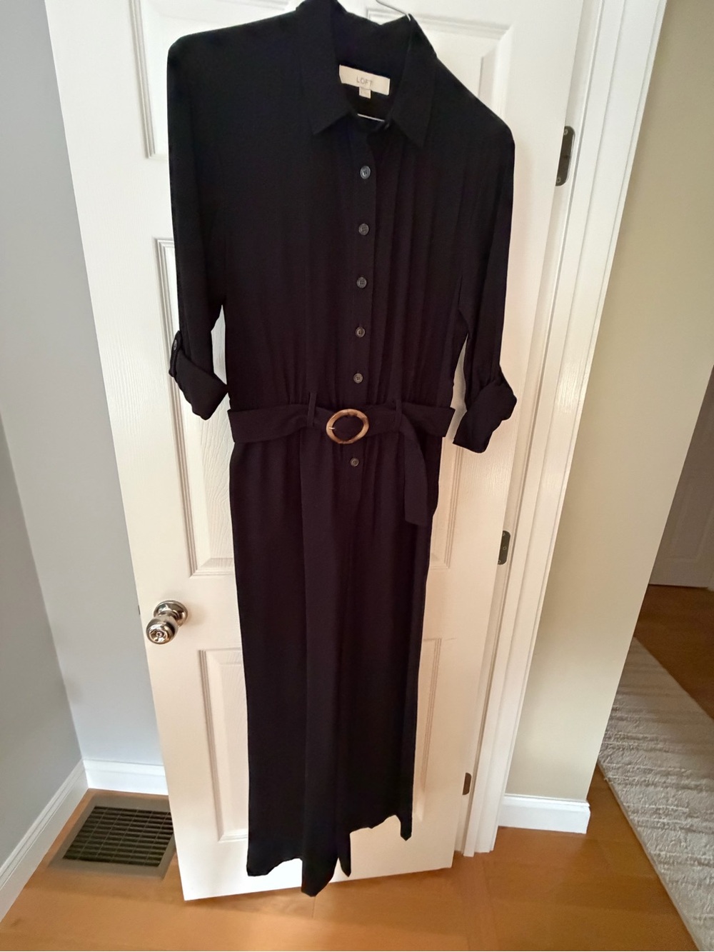 LOFT Button-Front Black Jumpsuit with Belt